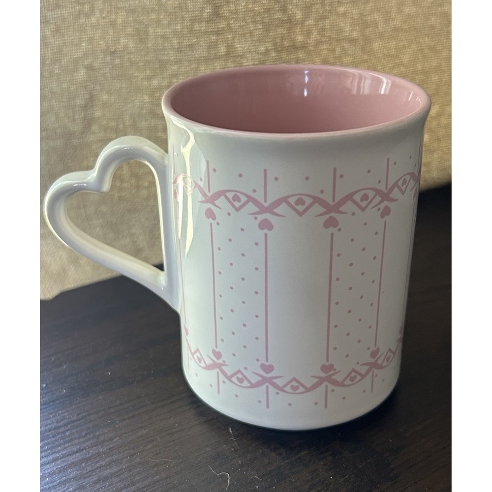 Vintage 1987 Pink White Heart Handle Coffe Mug Cup Cottagecore Rare Girly